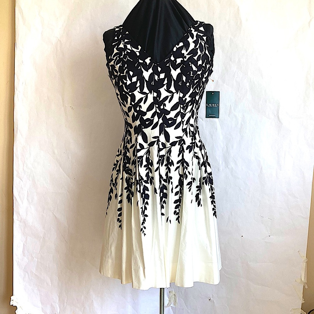 L.Ralph Lauren White Black Leaf Print Fit Flare Sleeveless Summer Dress Sz 6